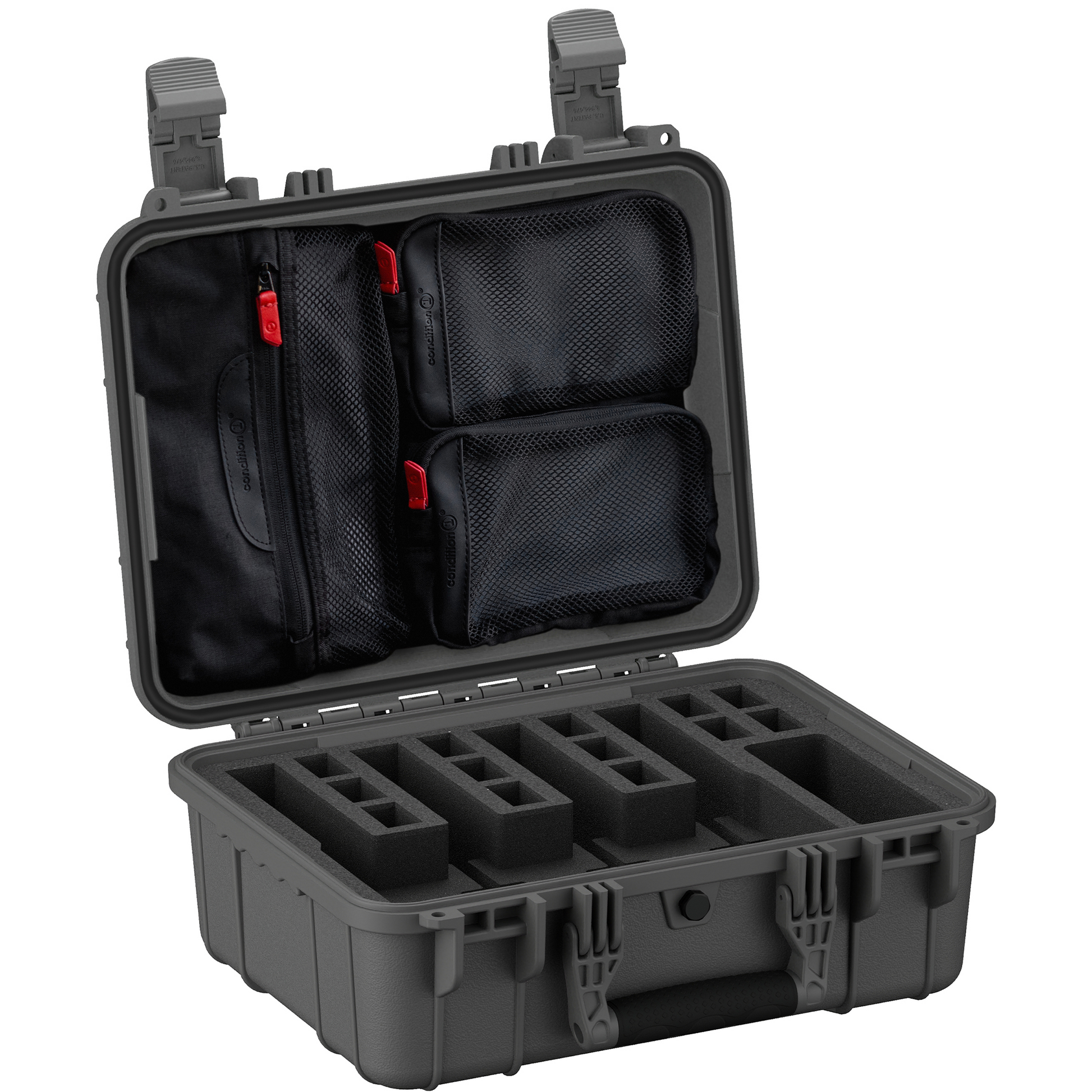 Durable 16-inch hard case designed for securely storing up to four pistols with customizable foam inserts and compartments.