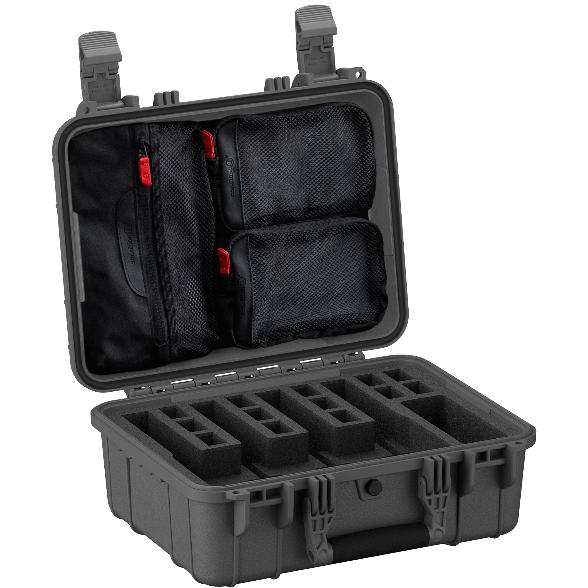 Durable 16-inch hard case designed for securely storing up to four pistols with customizable foam inserts and compartments.