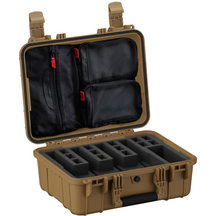 Durable 16-inch hard case designed for securely storing four pistols with customizable foam and accessory pockets.