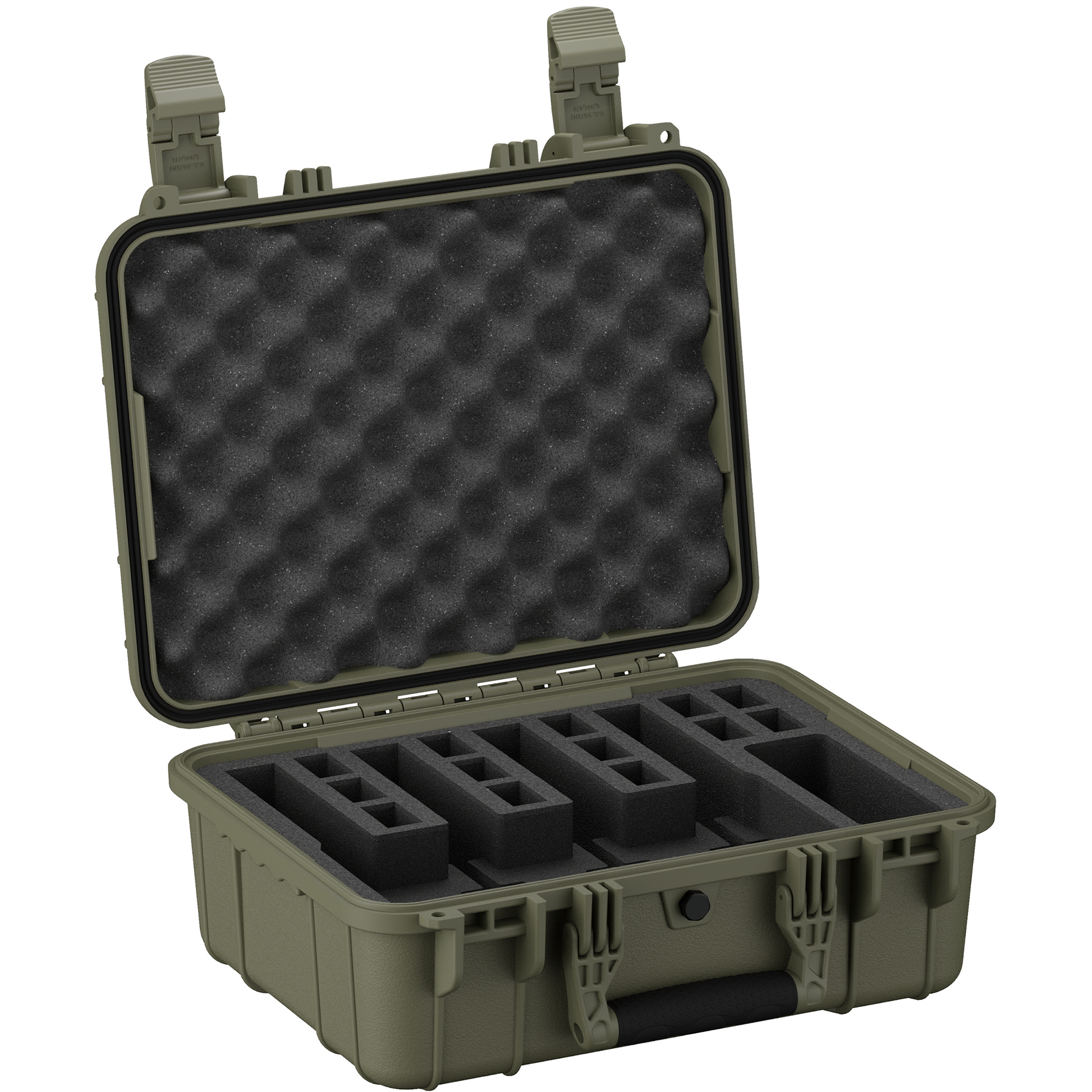 Durable 16-inch hard case designed to securely store and transport up to four pistols with protective foam interior.