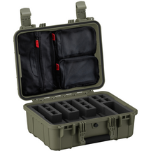Durable 16-inch hard case designed for securely storing up to four pistols, featuring customizable foam and accessory pockets.