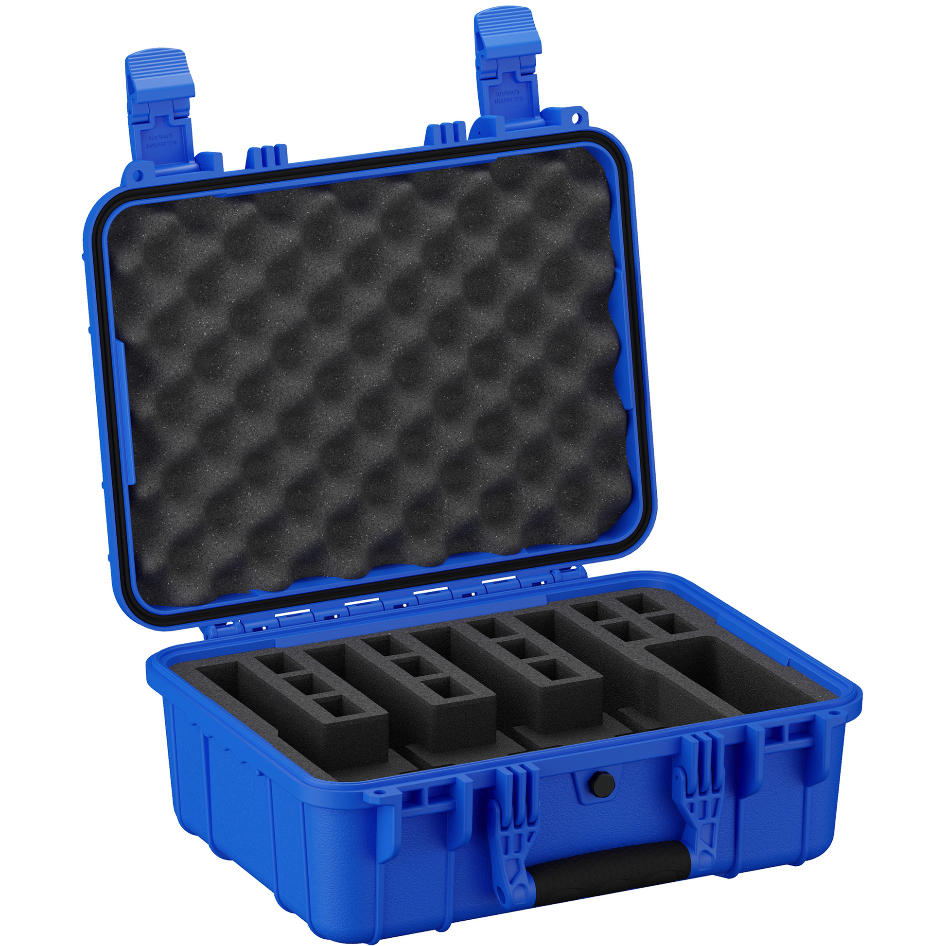 Durable 16-inch hard case with foam interior, designed to securely hold four pistols during transport and storage.