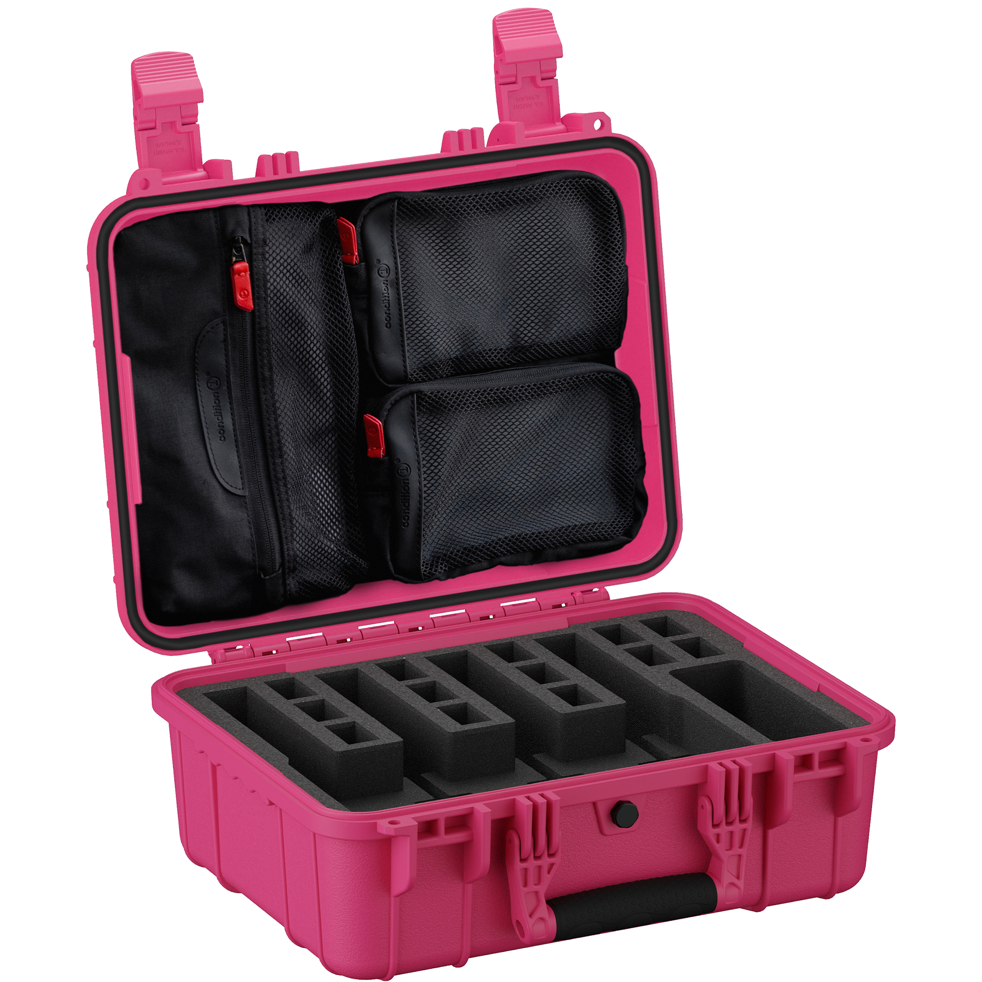 Durable 16-inch hard case designed for securely storing up to four pistols with customizable foam inserts and storage pockets.