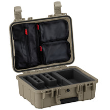16-inch hard case designed for three pistols, featuring customizable foam inserts and storage compartments.