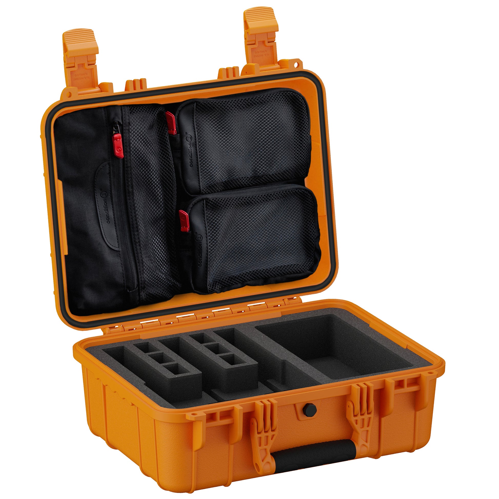 Durable 16-inch hard case with foam inserts and mesh pockets for secure storage of three pistols and accessories.