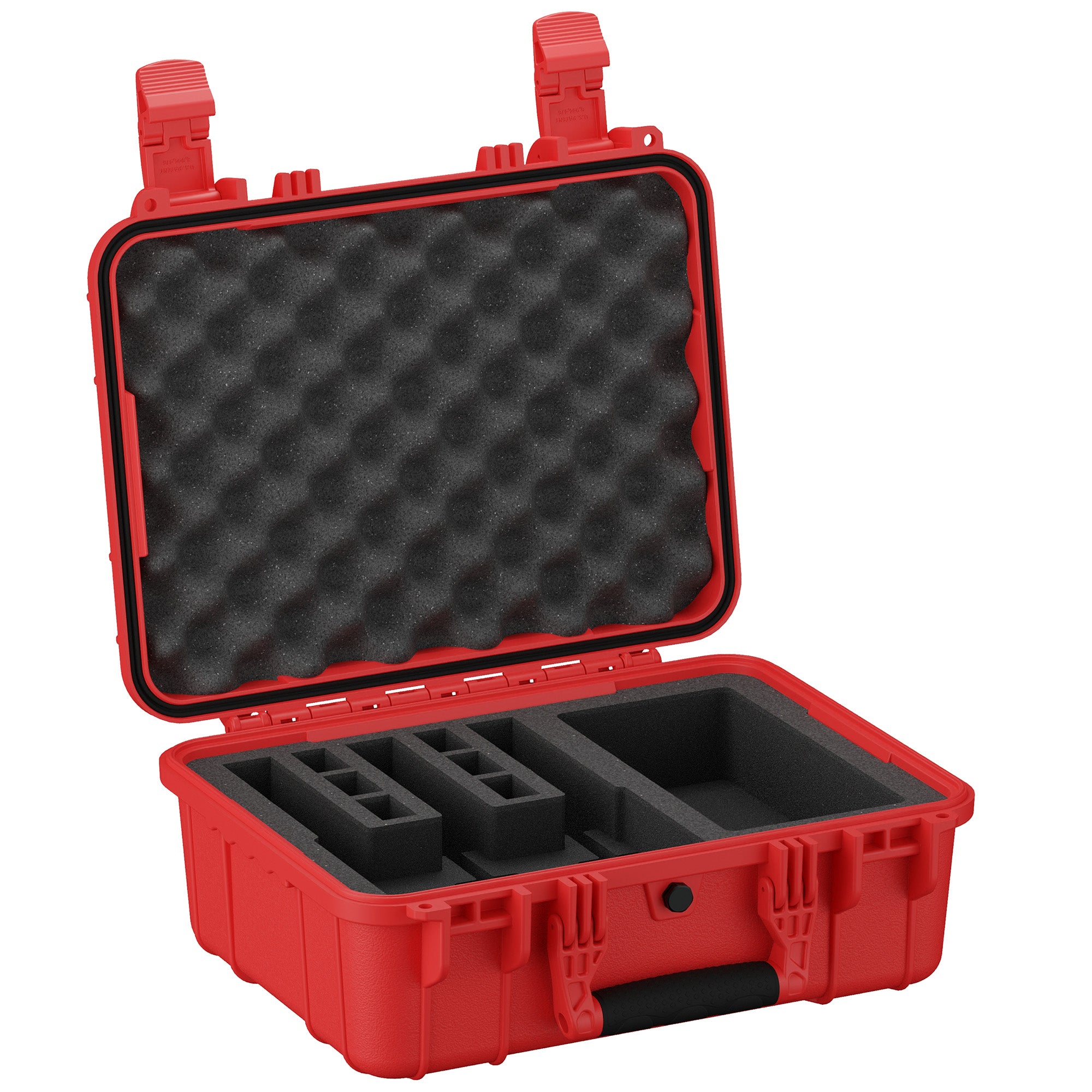 Durable 16-inch red pistol case with foam interior, designed for secure storage and transport of three handguns.