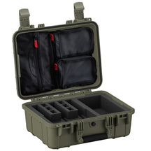 Durable 16-inch pistol case with foam inserts and storage pockets, designed for secure transport and protection of firearms.