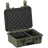16-inch waterproof hard case with customizable foam interior for securely storing three pistols.