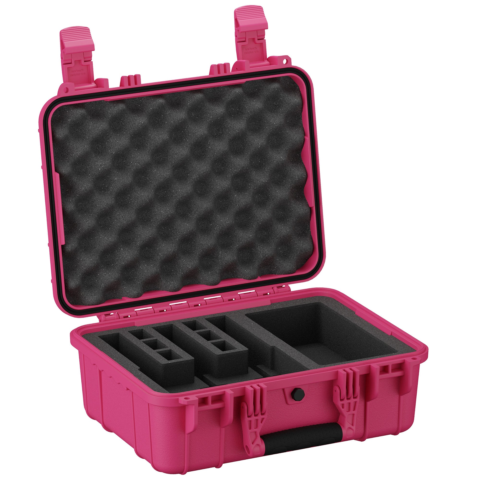 Durable 16-inch pink pistol case with foam interior, designed for secure storage and transport of three pistols.
