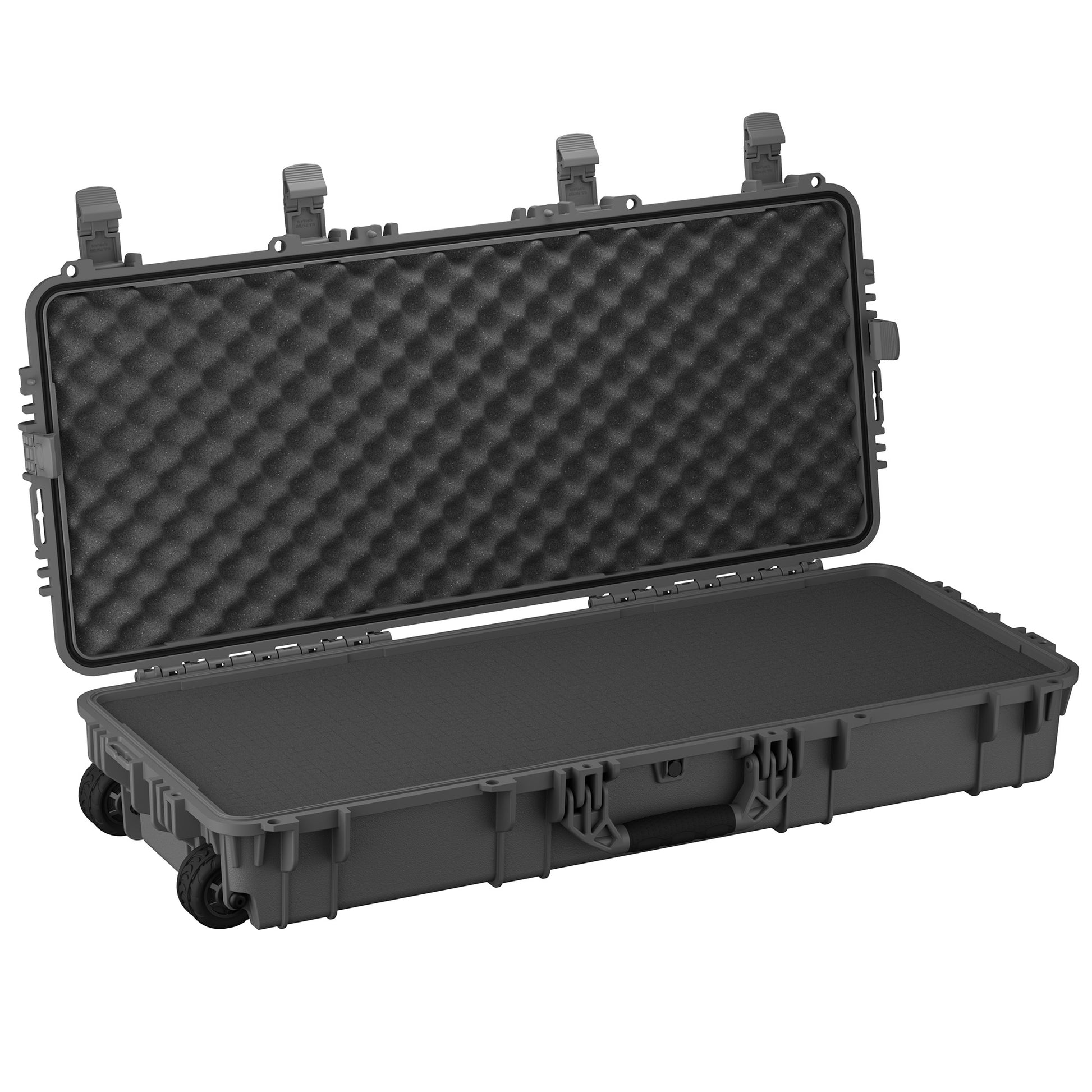 Durable 40-inch hard case with waterproof and dustproof design, featuring a padded interior and rolling wheels for easy transport.