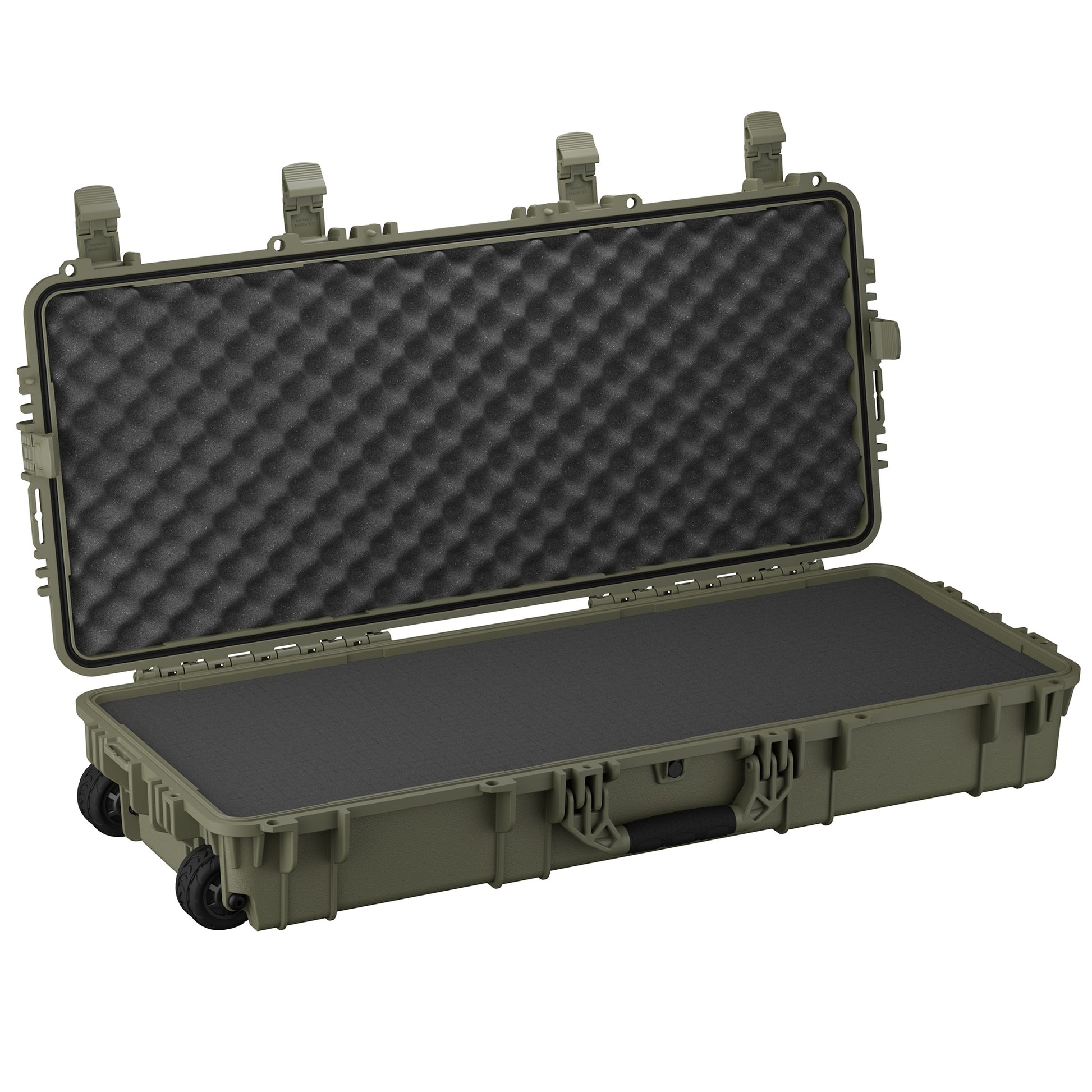 Durable 40-inch hard case with IP67 rating, featuring a foam interior and wheels for easy transport and protection of gear.