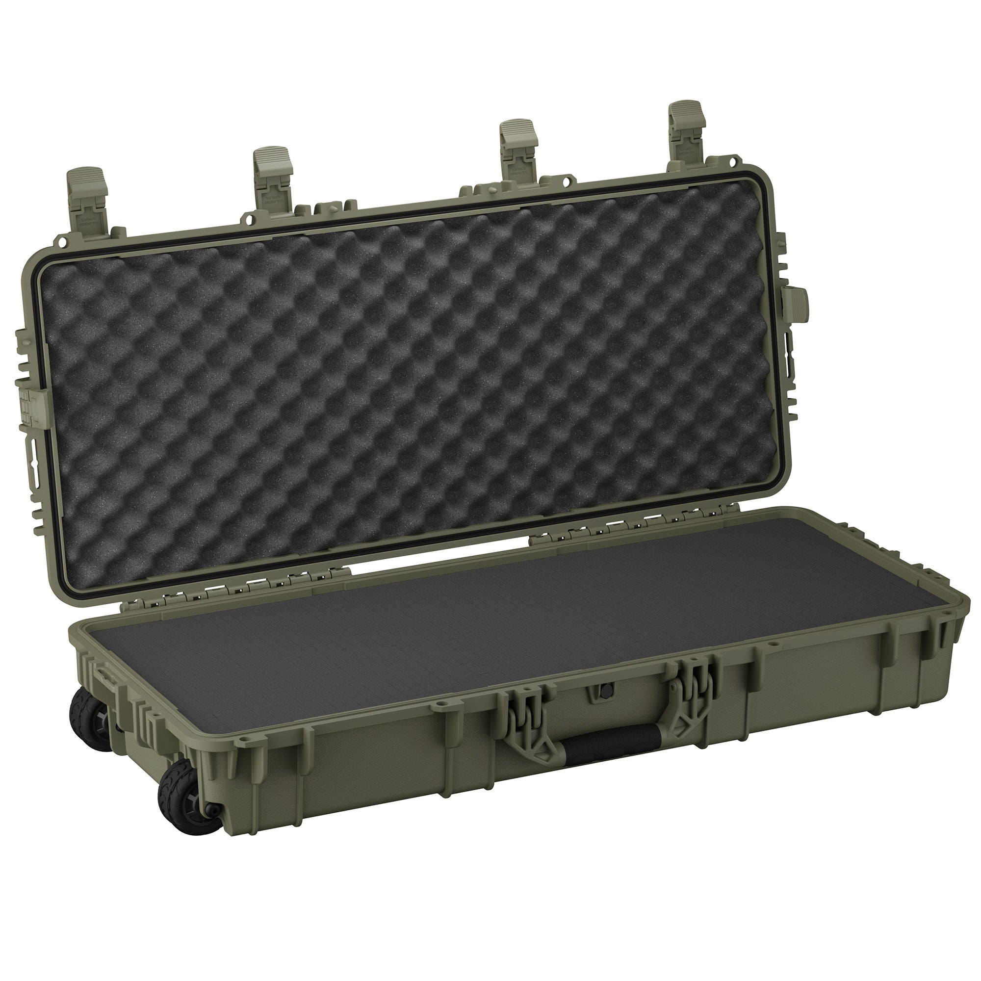 Durable 40-inch hard case with IP67 rating, featuring a foam interior and wheels for easy transport and protection of gear.