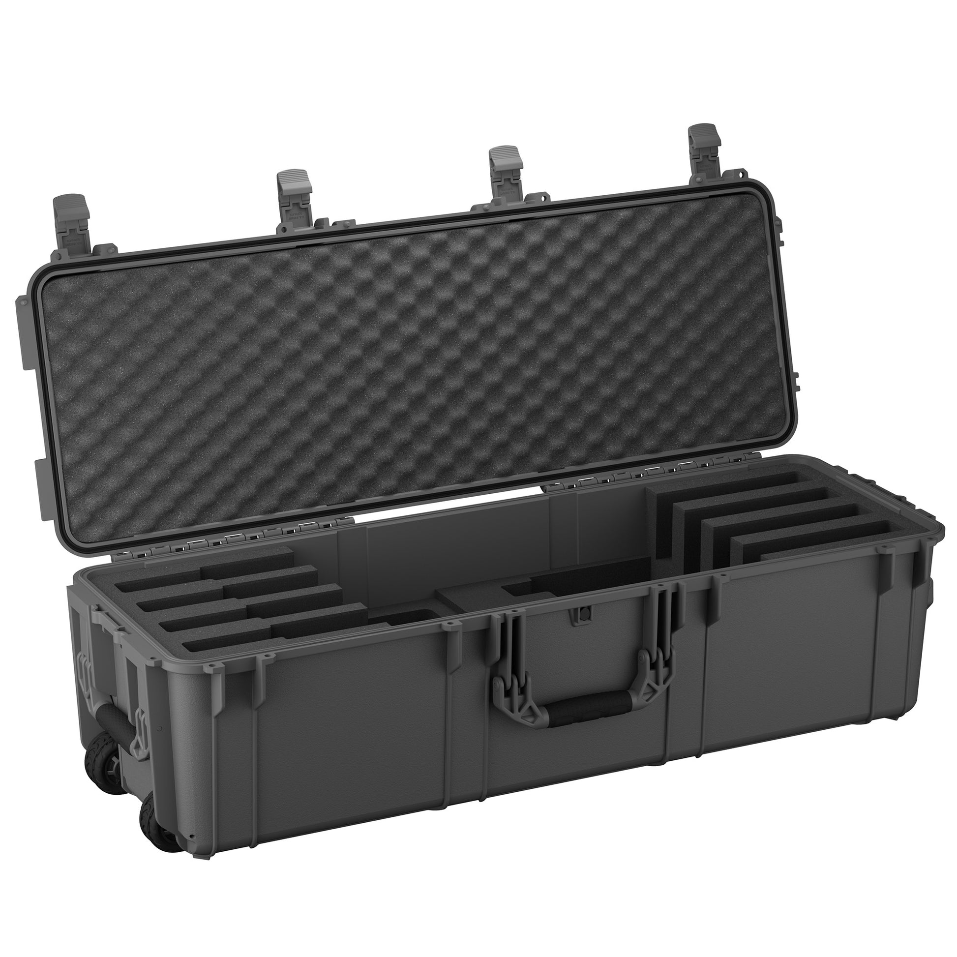 Durable 45-inch hard case designed for transporting up to four rifles, featuring customizable foam inserts and sturdy wheels.