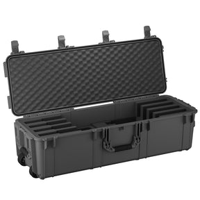Durable 45-inch hard case designed for transporting up to four rifles, featuring customizable foam inserts and sturdy wheels.