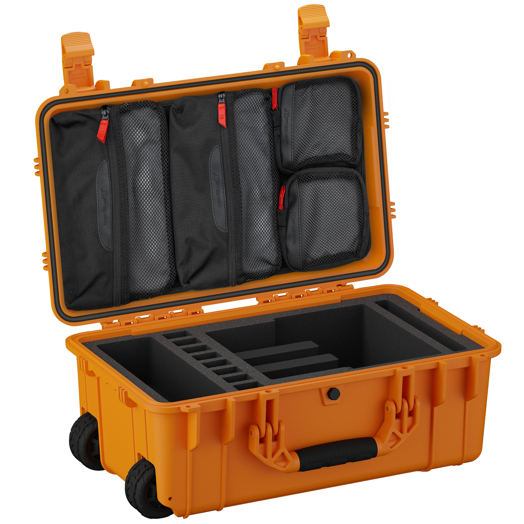 Durable 22-inch hard case for four pistols, featuring customizable foam inserts and organized storage compartments.