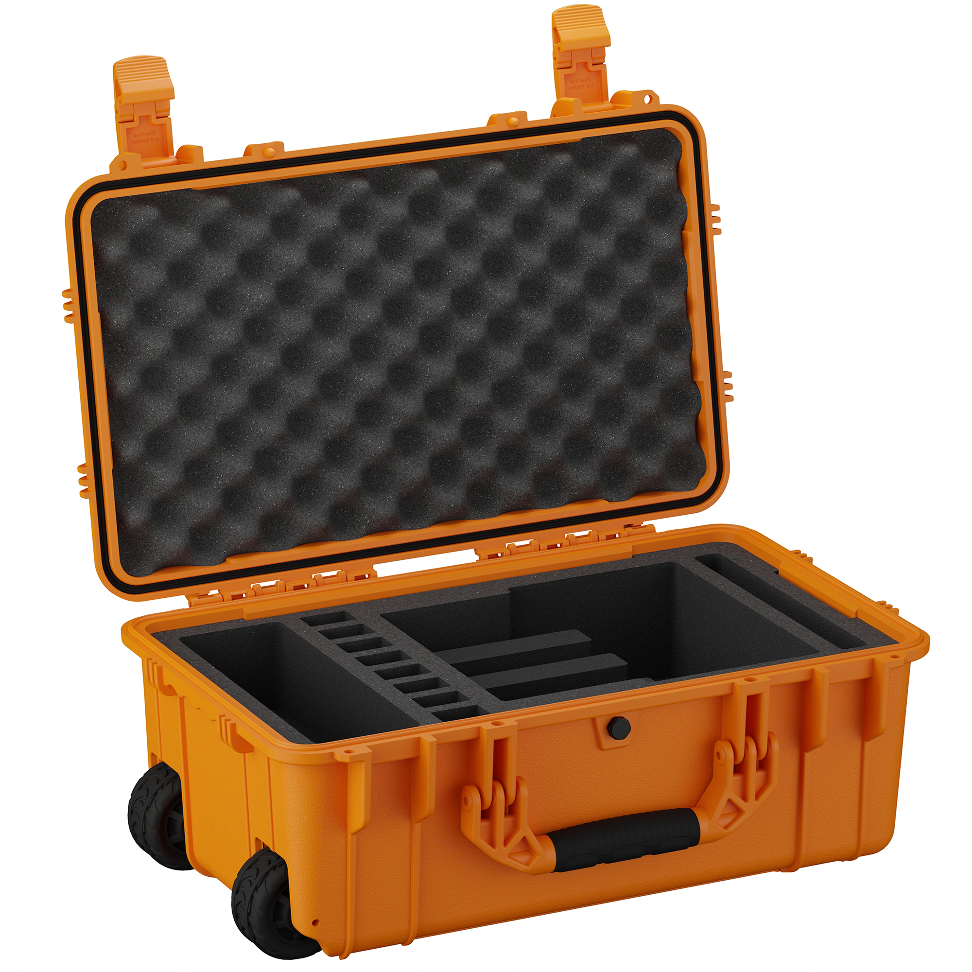 Durable 22-inch hard case designed for transporting up to four pistols, featuring customizable foam and wheels for easy mobility.