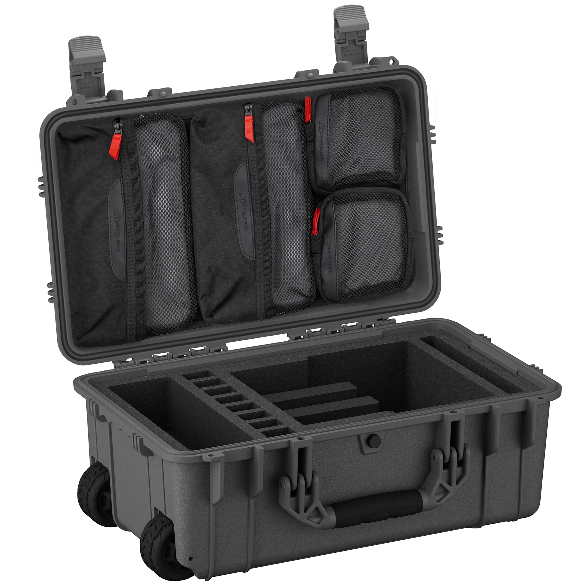 Durable 22-inch hard case for four pistols, featuring customizable foam, mesh pockets, and wheels for easy transport.