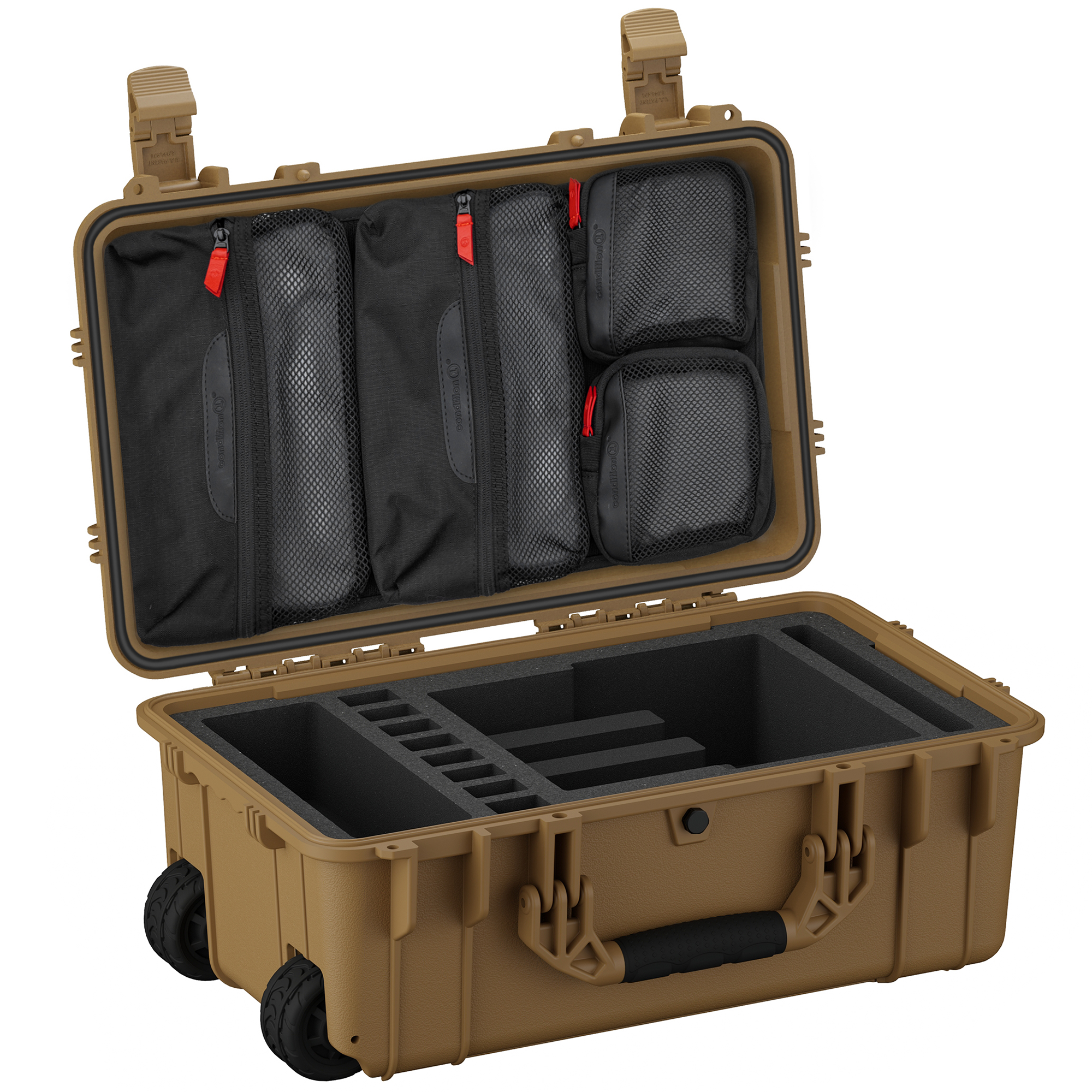 Durable 22-inch hard case for four pistols, featuring foam padding, compartments, and wheels for easy transport.