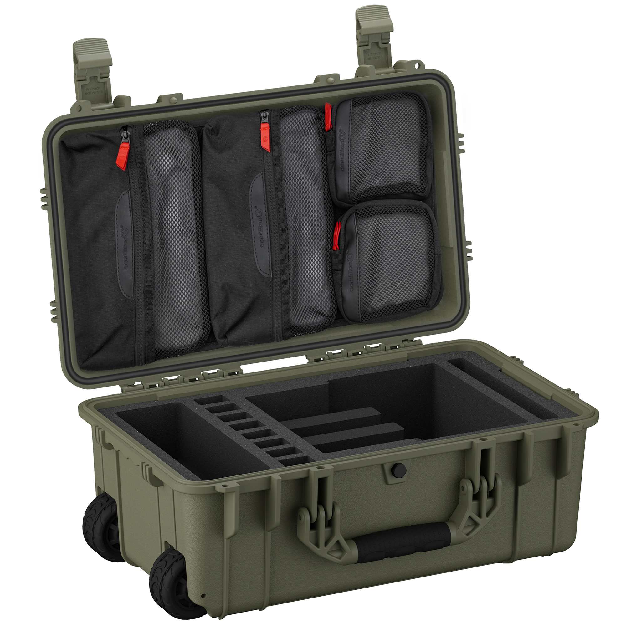 Durable 22-inch hard case for four pistols, featuring customizable foam, mesh pockets, and wheels for easy transport.