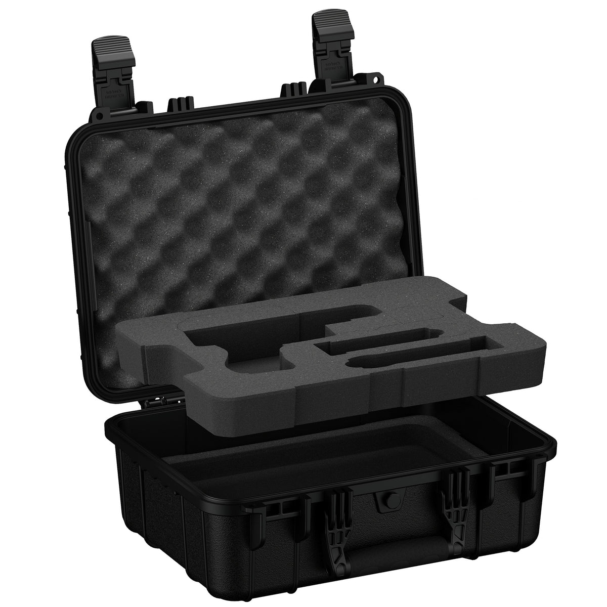Open black pistol case with foam insert lifted, egg-crate foam padding visible on lid