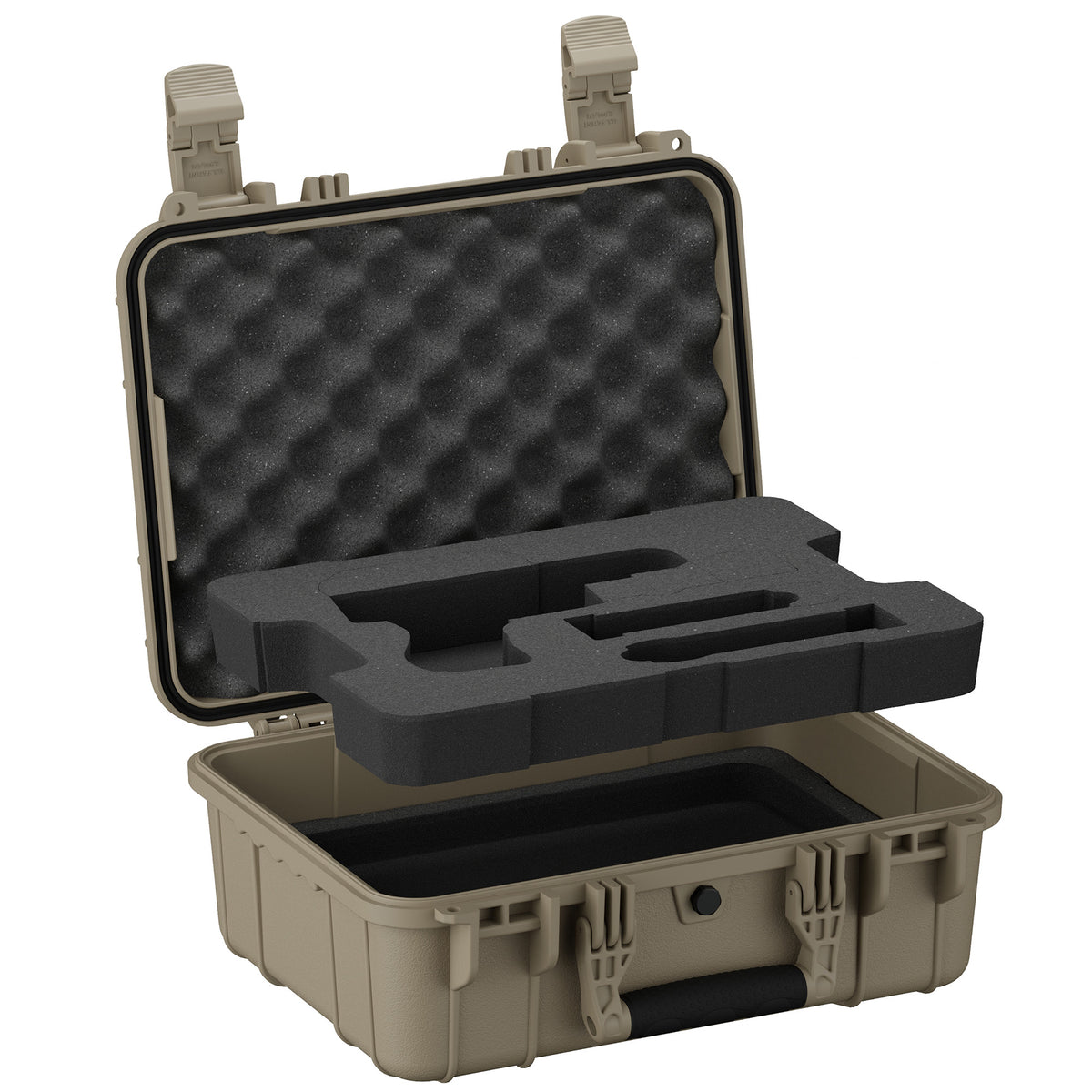 Open flat dark earth pistol case with foam insert and textured foam lid