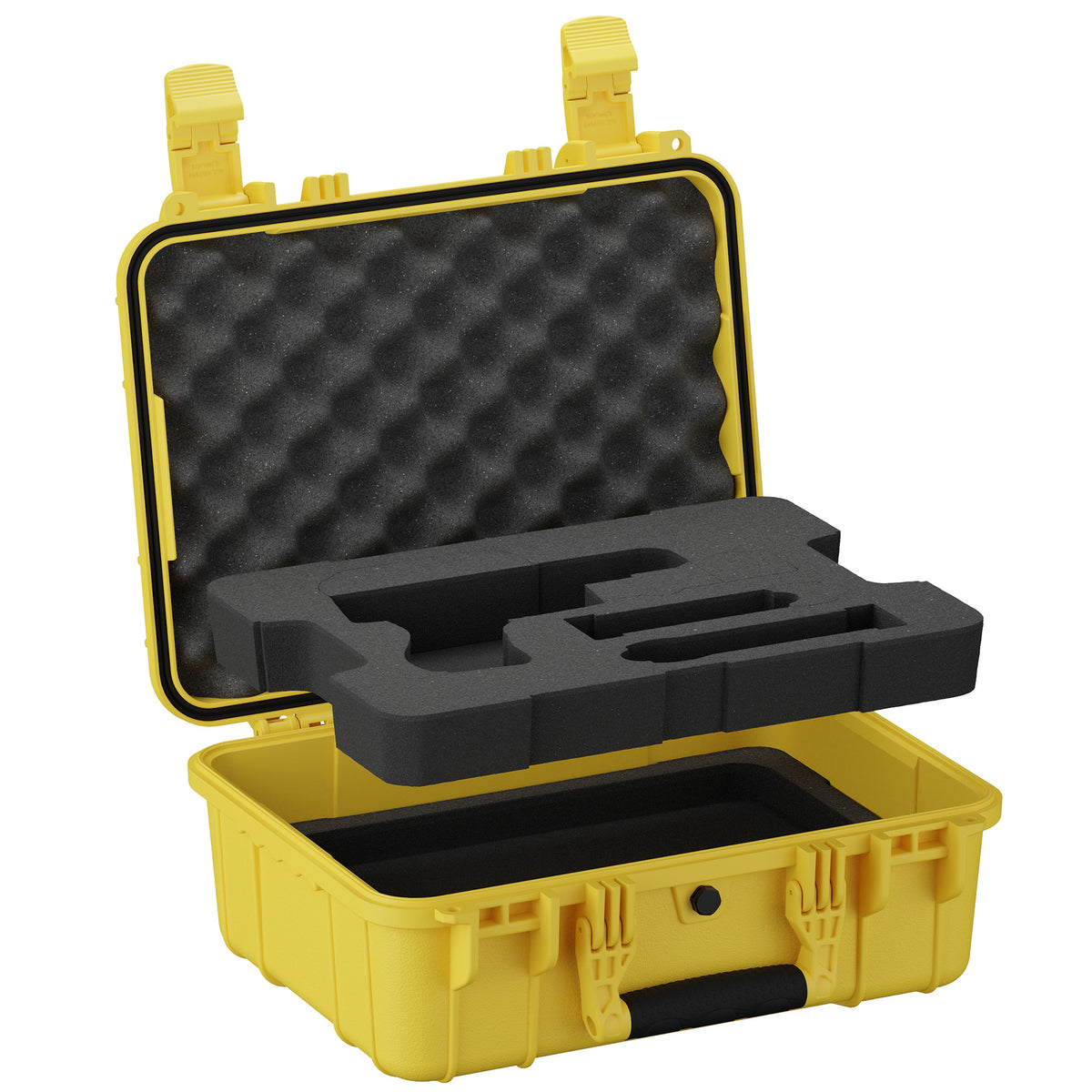 Open yellow hard pistol case with cut foam insert and egg-crate foam in the lid