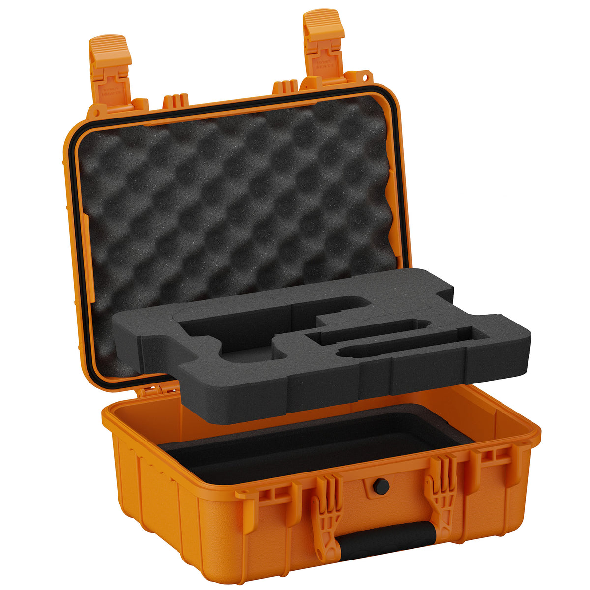 Open orange pistol case with black foam insert cut for a pistol, empty lower compartment below