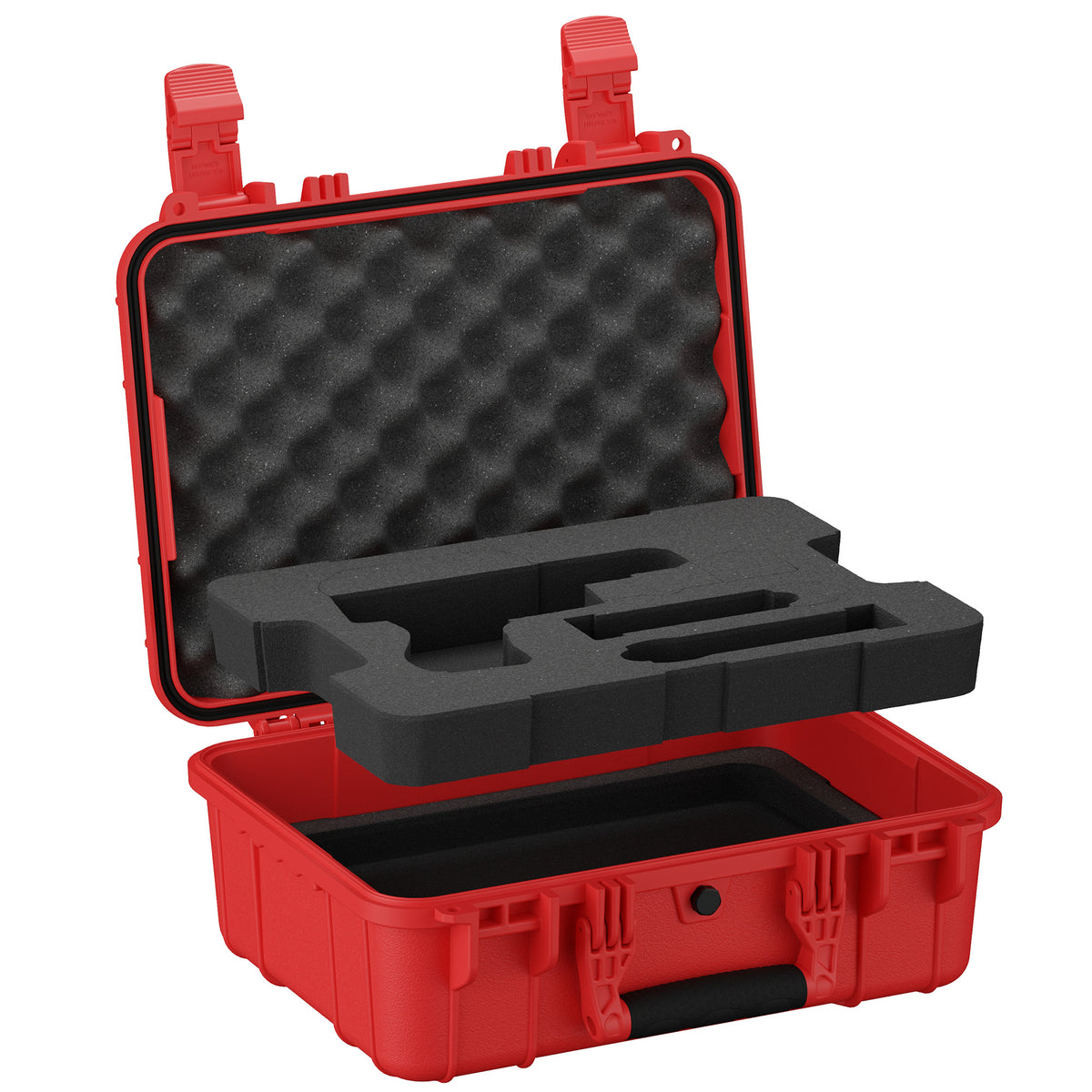 Open red hard pistol case with cut foam insert and egg-crate foam in the lid