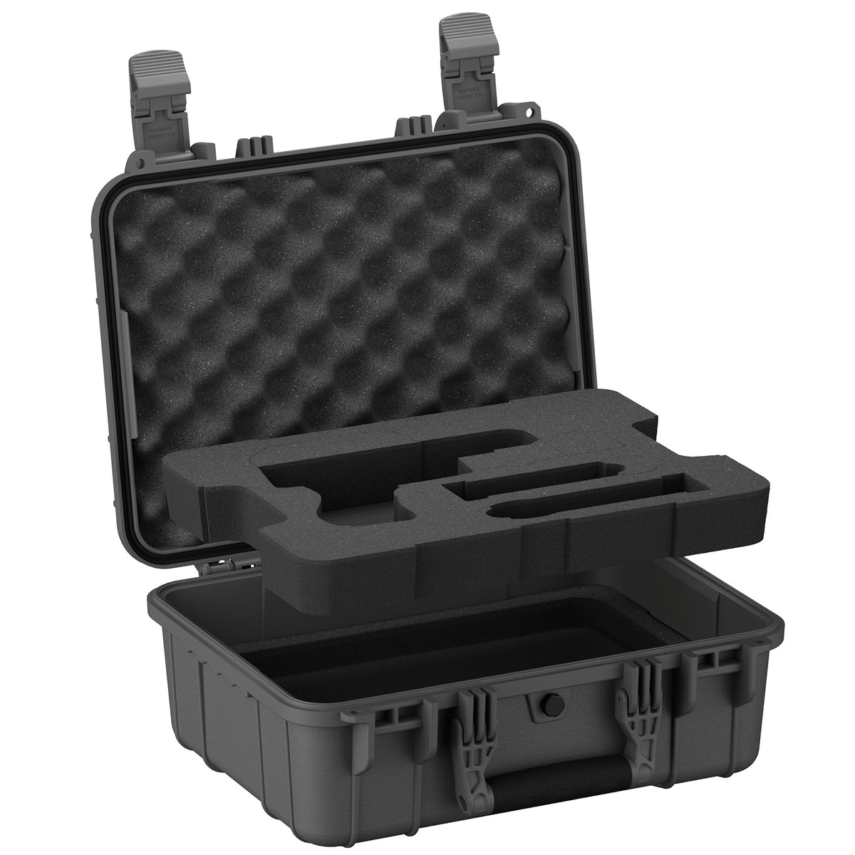 Open black case with pistol-shaped foam cutout and egg-crate foam in the lid
