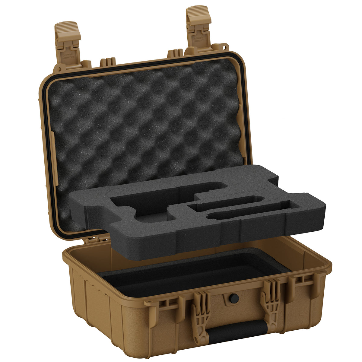 Open tan hard pistol case with cut foam insert and egg-crate foam in lid