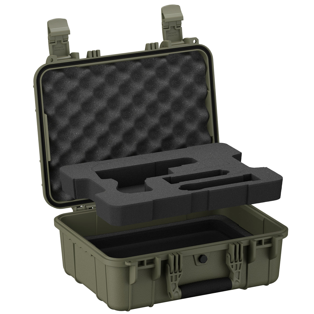 Open olive green case with pistol-shaped foam cutout and egg-crate foam in the lid