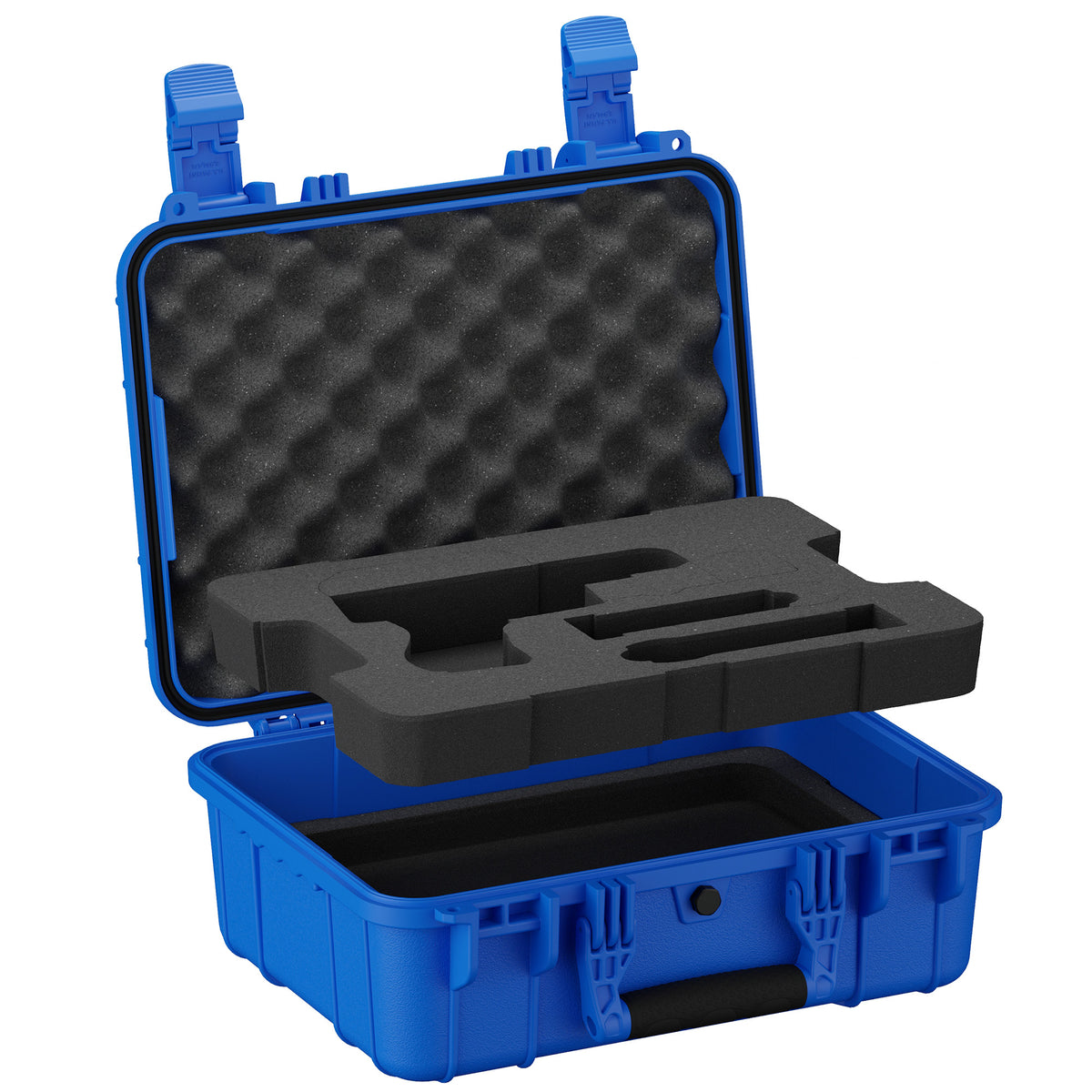 Blue open pistol case with pre-cut foam insert and empty lower compartment
