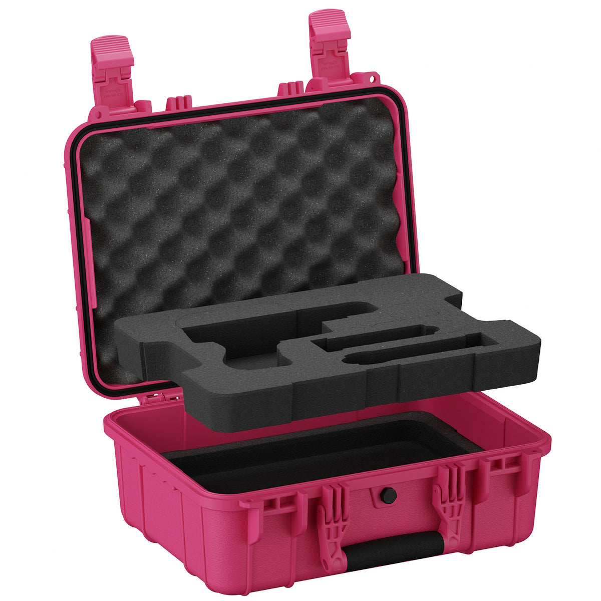 Pink open pistol case with pre-cut foam insert and empty lower compartment