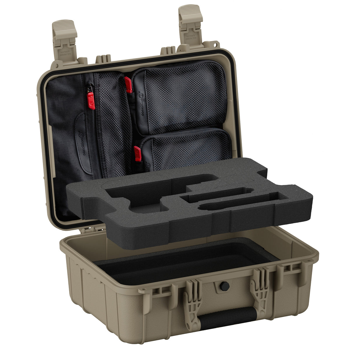 Flat dark earth case open showing zippered lid pouches over foam insert