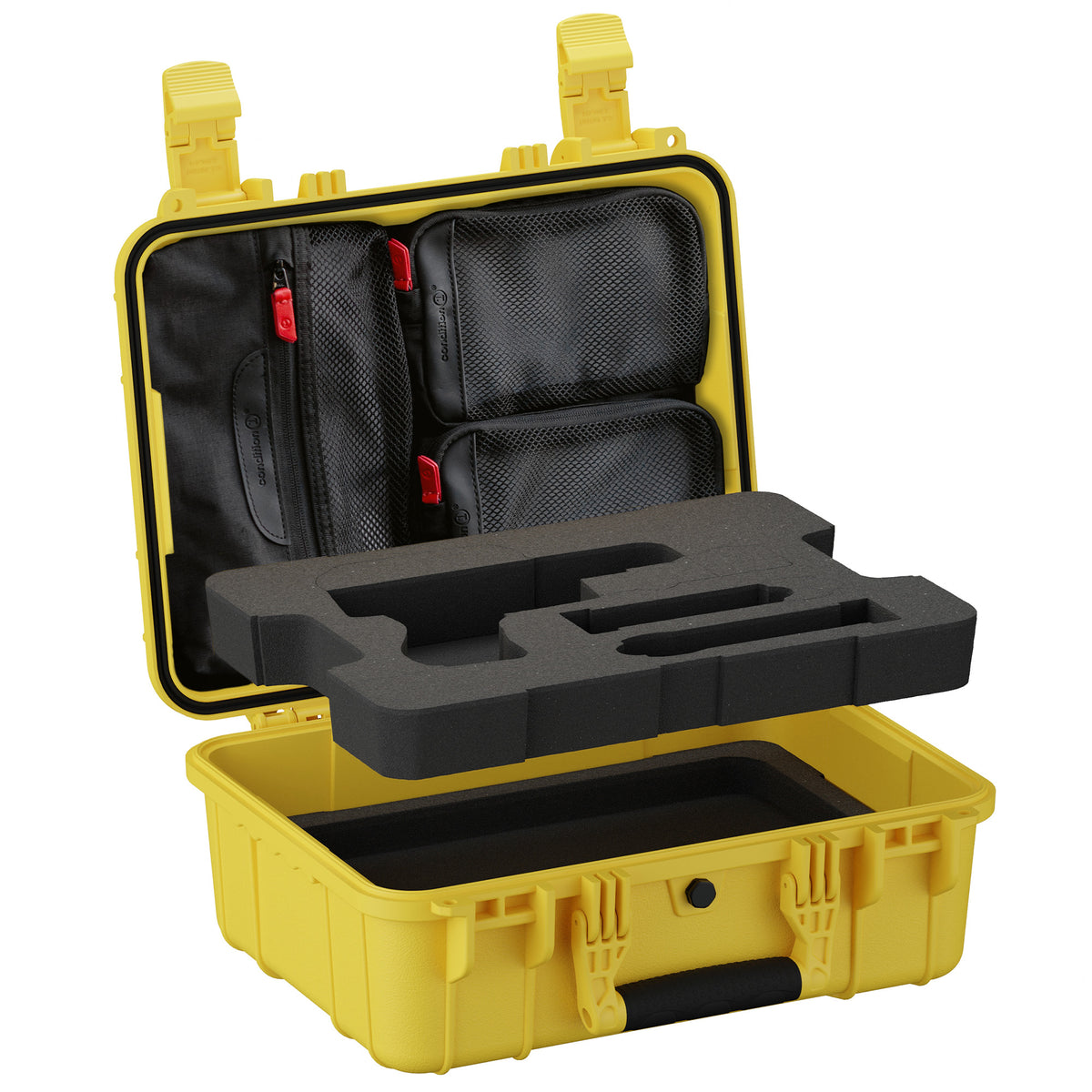 Open yellow hard case with foam insert lifted, revealing lid organizer pockets underneath