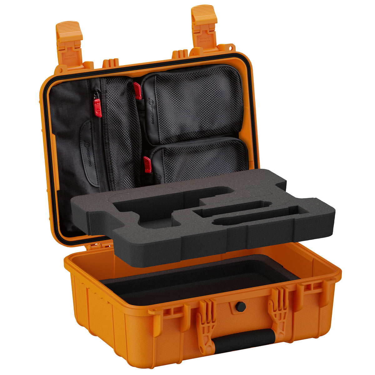 Open orange pistol case showing lid organizer pockets above black foam pistol insert