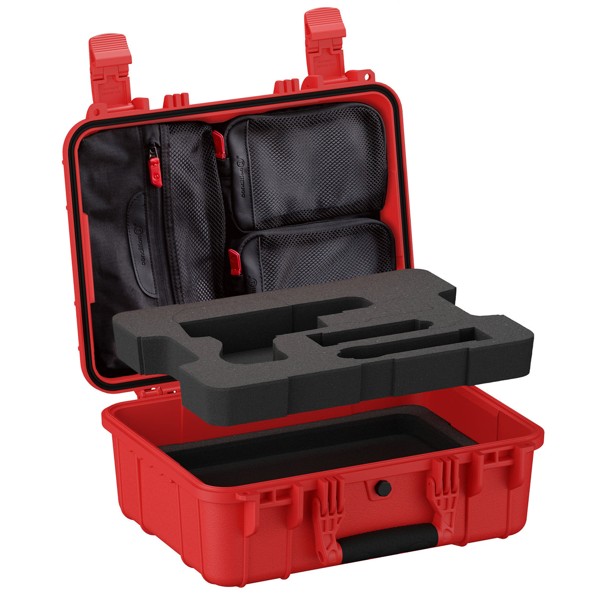 Open red hard case with foam insert lifted, revealing lid organizer pockets underneath