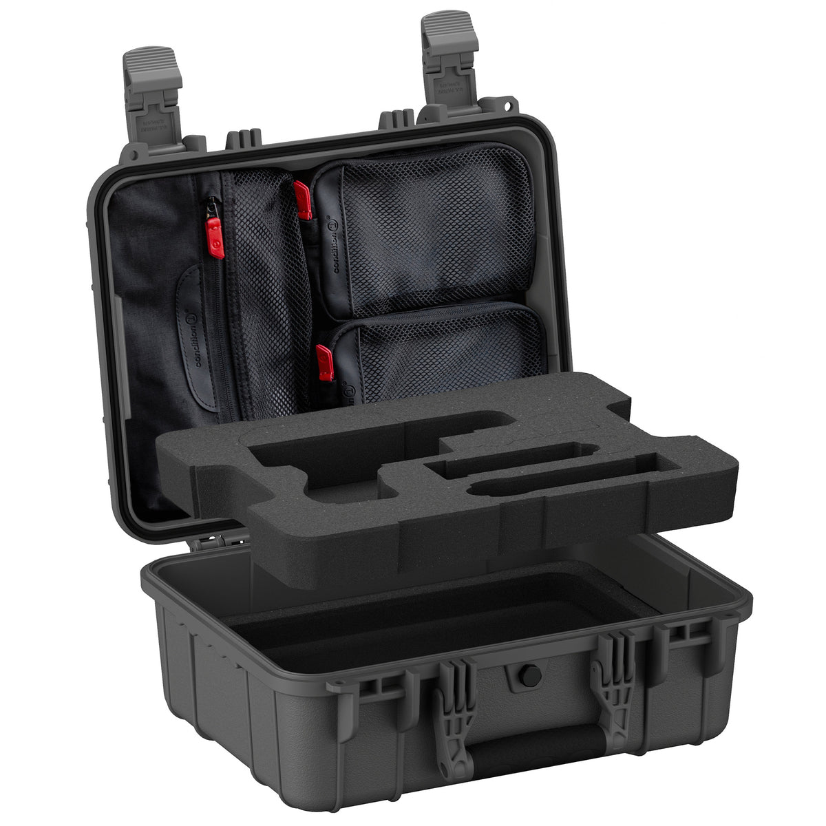 Open black case with lid organizer pouches above foam insert with pistol cutout