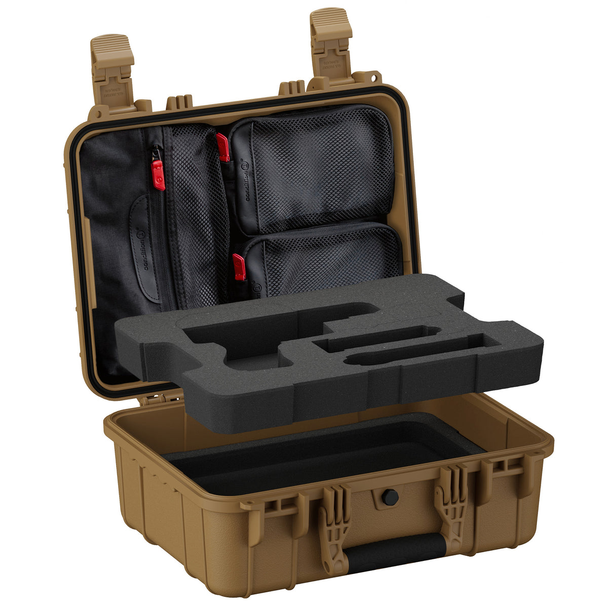 Tan pistol case open showing lid organizer pockets above cut foam insert
