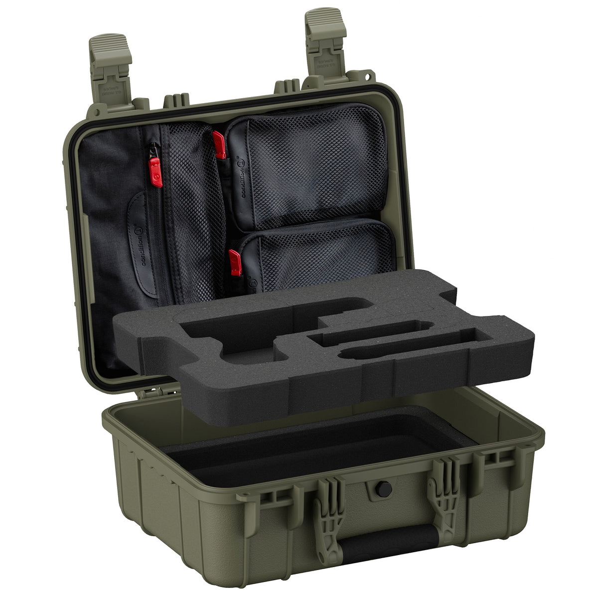 Open olive green case with lid organizer pouches above foam insert with pistol cutout