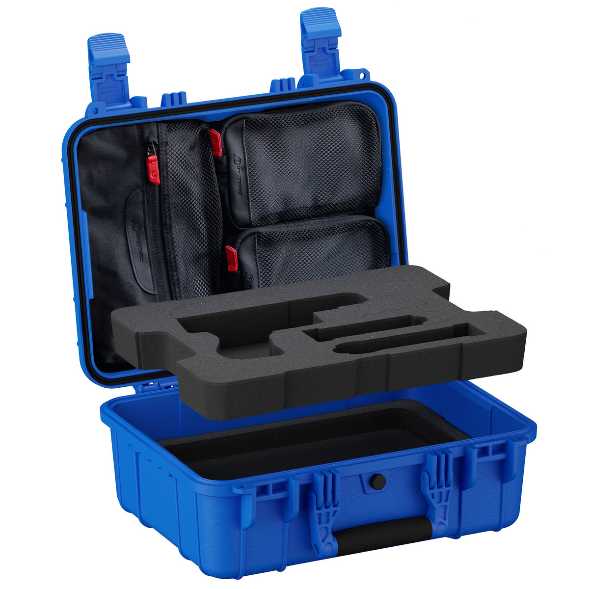 Blue open pistol case showing lid organizer pockets above the foam insert