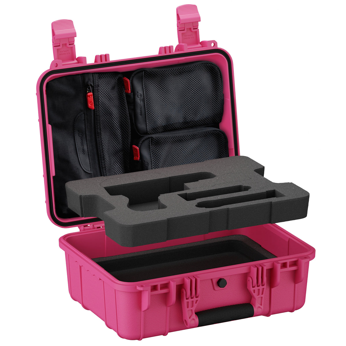 Pink open pistol case showing lid organizer pockets above the foam insert
