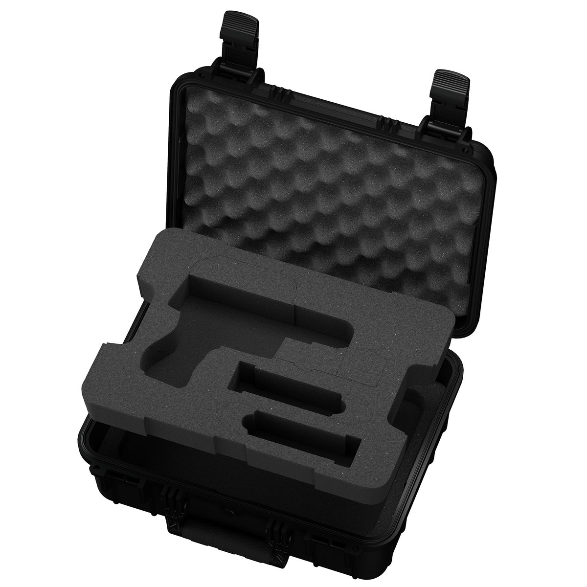 Angled view of open black pistol case with pistol and magazine cutouts in gray foam