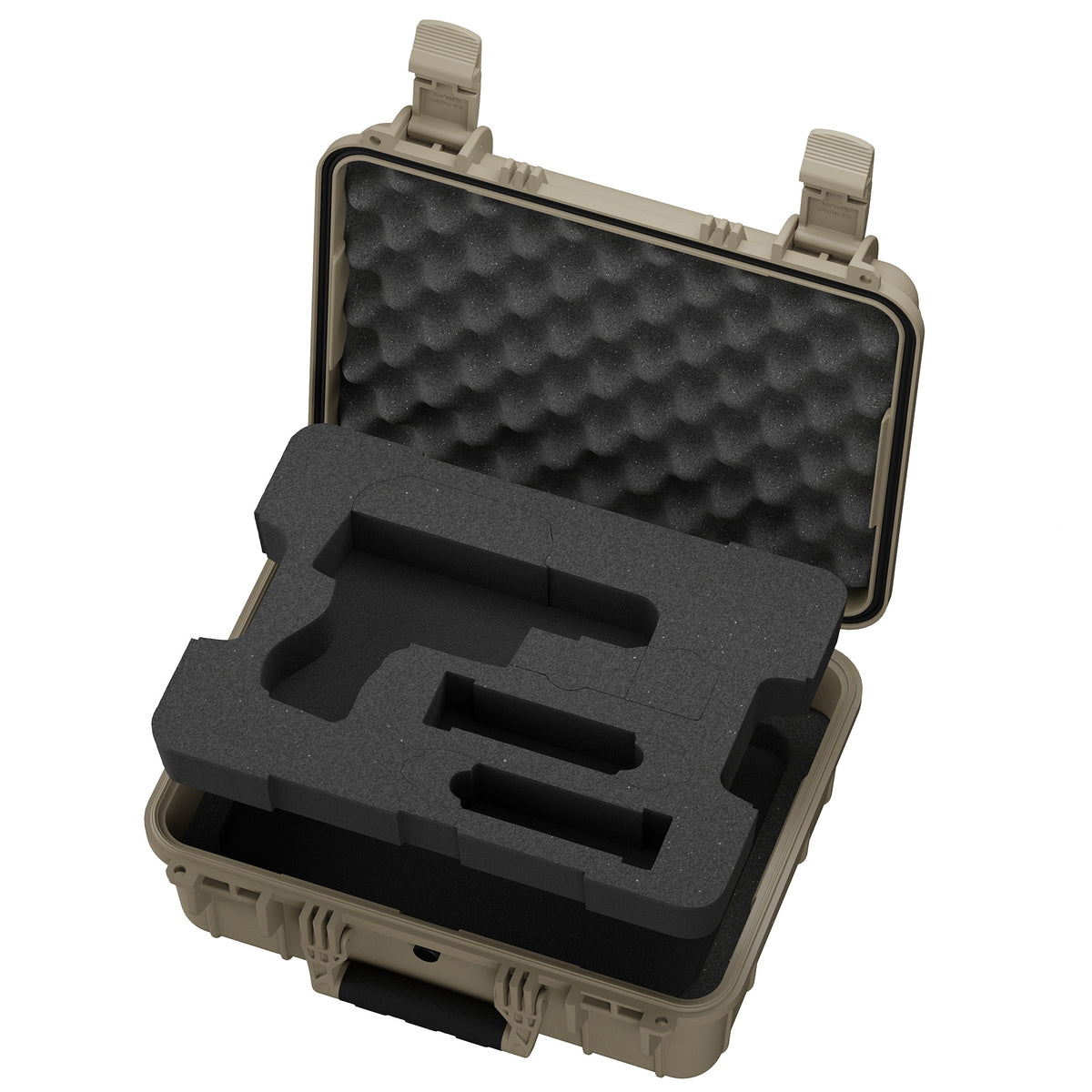 Flat dark earth pistol case shown from a higher angle with foam cutout visible