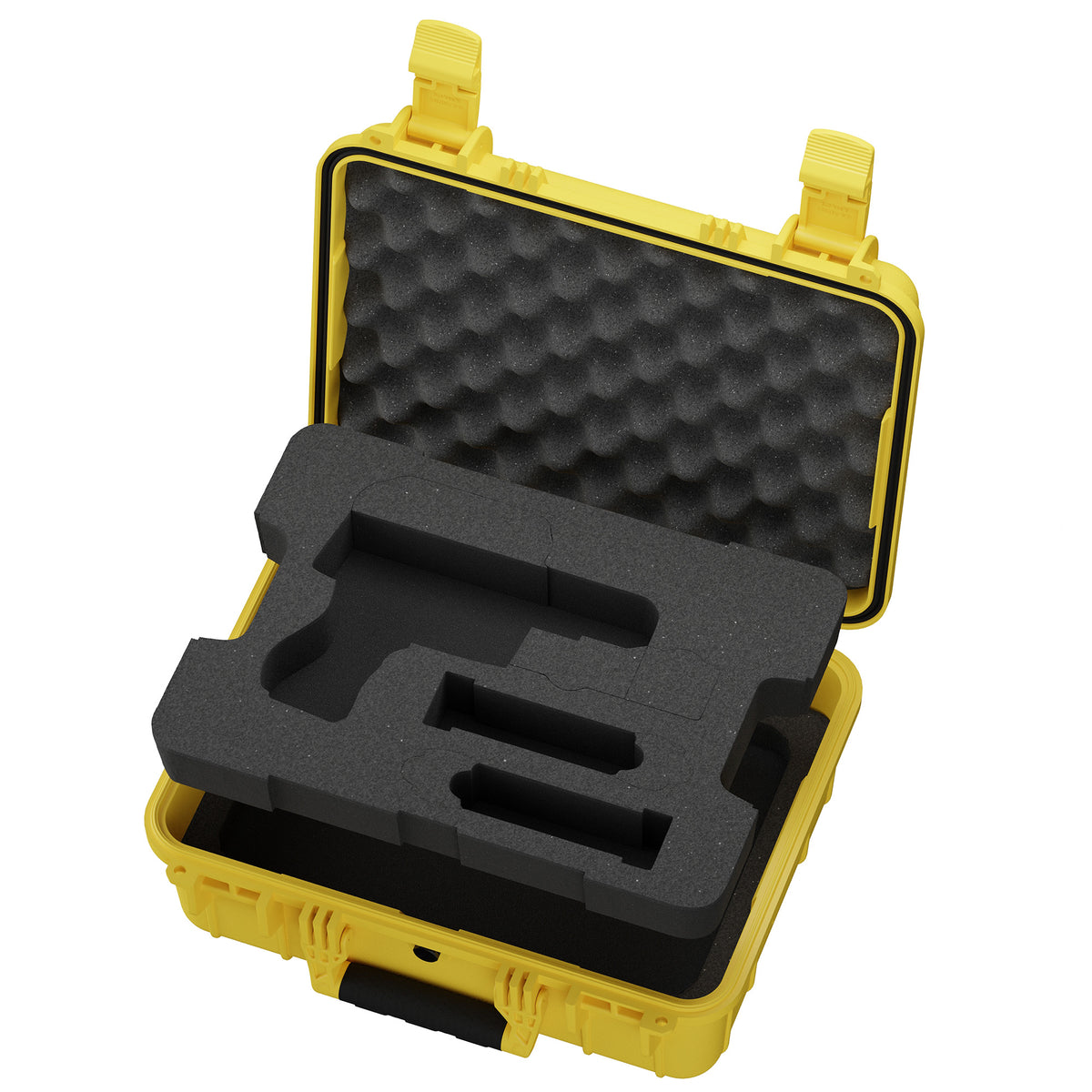 Overhead view of open yellow pistol case showing cut foam insert and lid foam padding