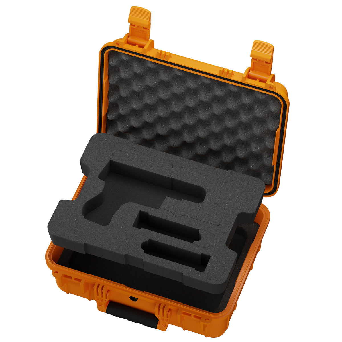 Angled view of open orange pistol case with gray foam insert shaped for a pistol and magazines