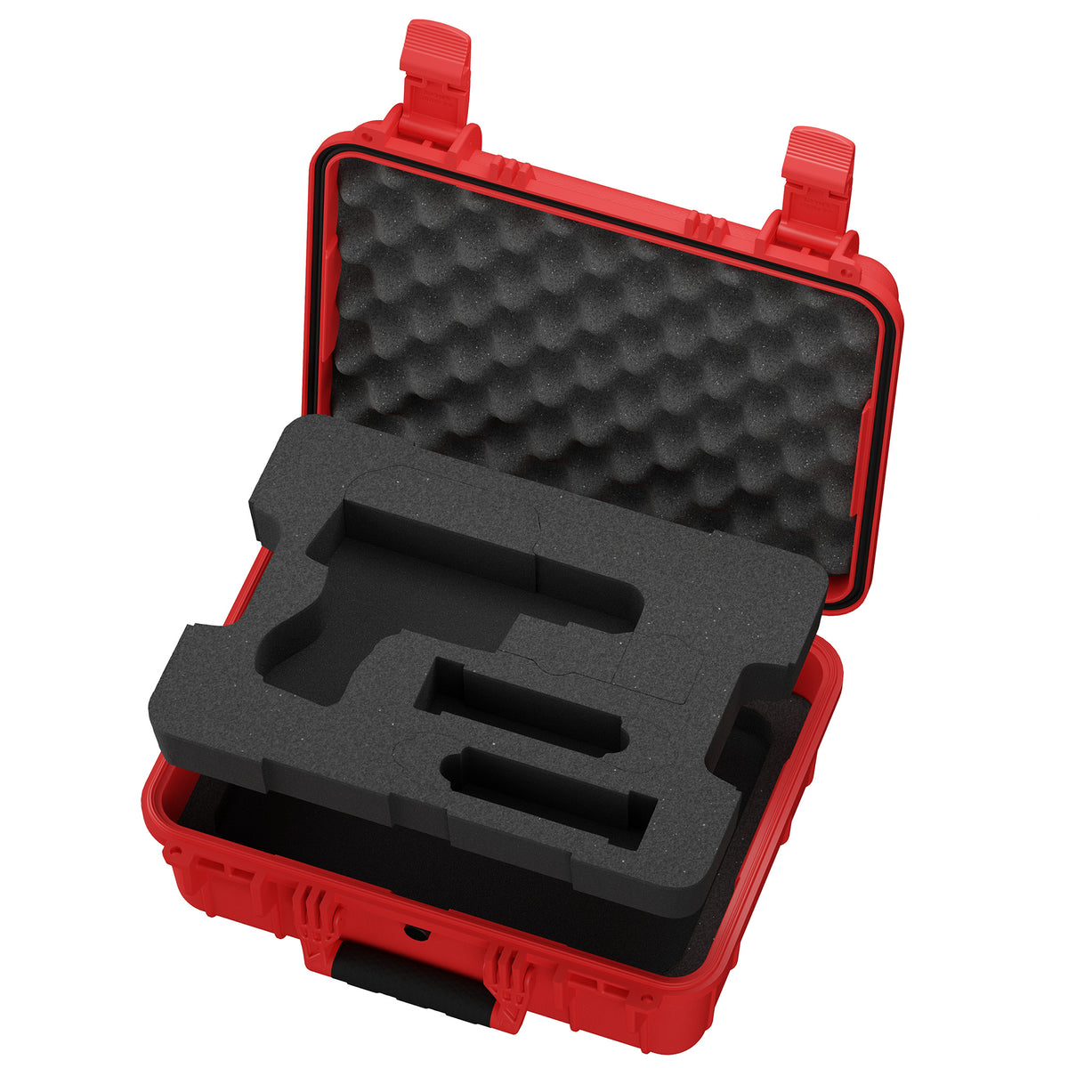 Overhead view of open red pistol case showing cut foam insert and lid foam padding