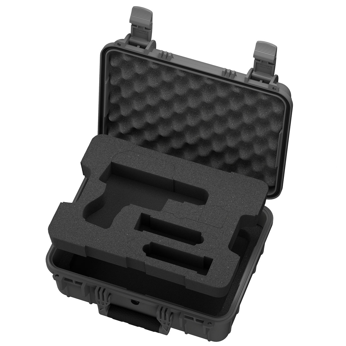 Open black case tilted to show pistol-shaped foam cutout up close