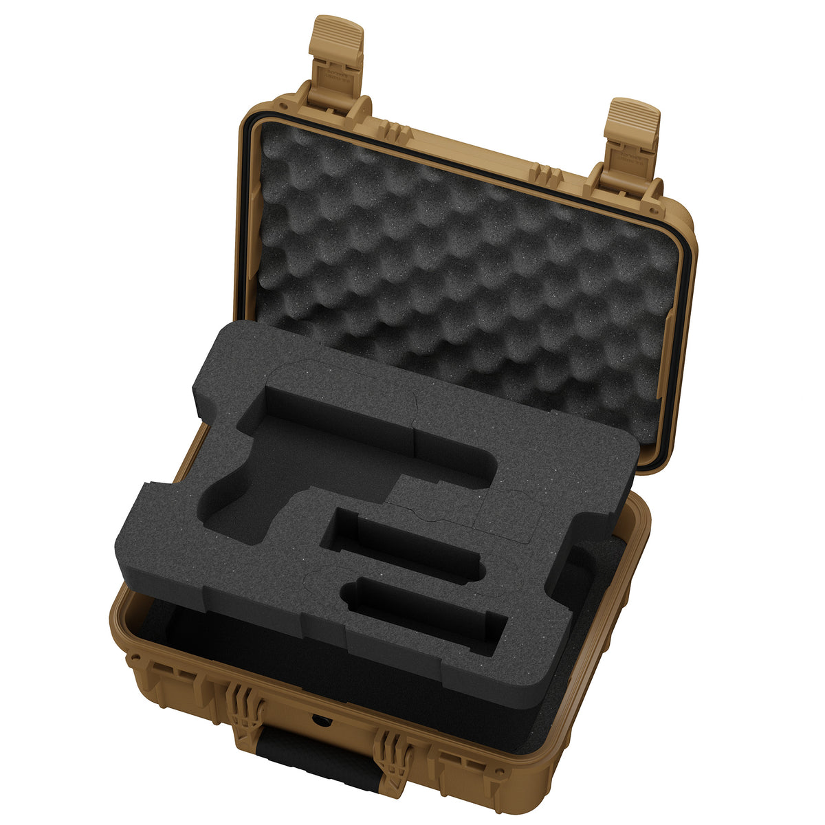 Tan pistol case angled view highlighting pistol-shaped foam cutout