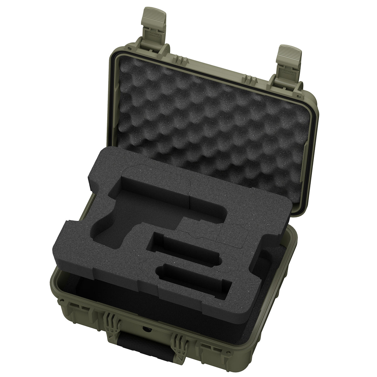 Open olive green case tilted to show pistol-shaped foam cutout up close